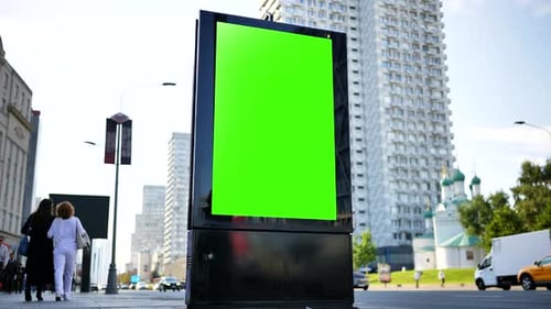 Outdoor City Advertising Green Screen Billboard Mockup on Urban Street with Buildings