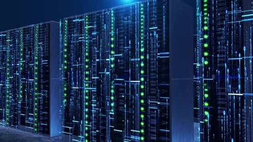 Futuristic Data Server Room with Digital Information Flow Animation