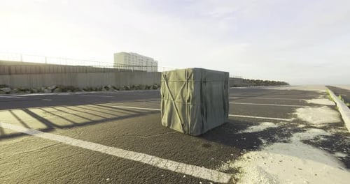 Mysterious Wrapped Object Resting Alone on a Deserted Beachfront Pathway