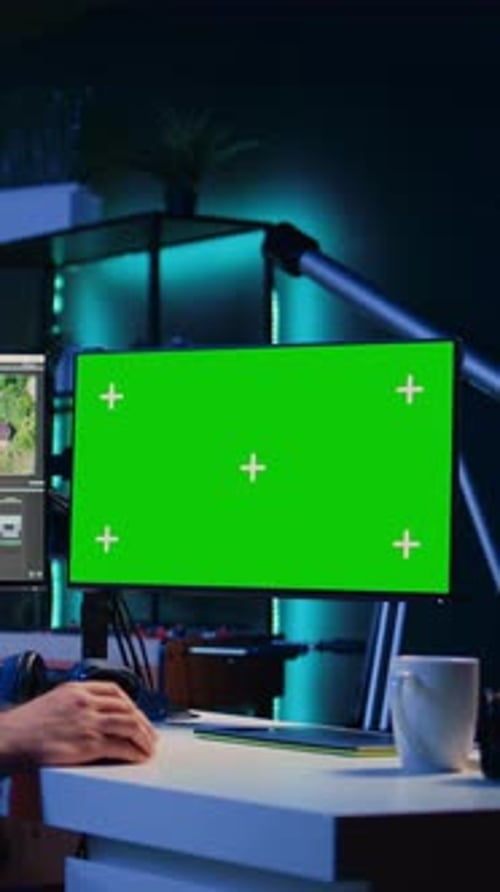 Vertikaler Videovideoeditor verwendet Bearbeitungssoftware auf dem Greenscreen-Monitor, um das aufgenommene Filmmaterial zu aktualisieren