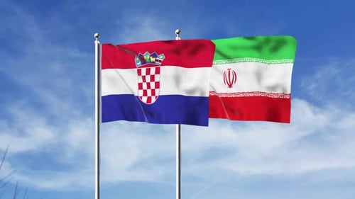 Croatia and Iran National Flags Waving Against Blue Sky