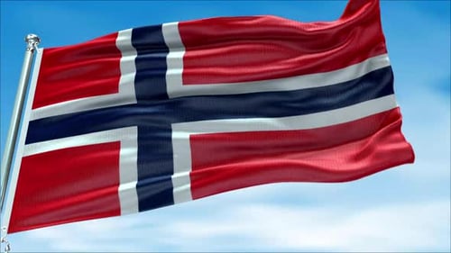 Realistic Norway Flag Waving in Wind Against Blue Sky