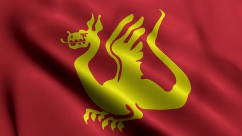 Golden Winged Dragon Emblem on Waving Red Flag