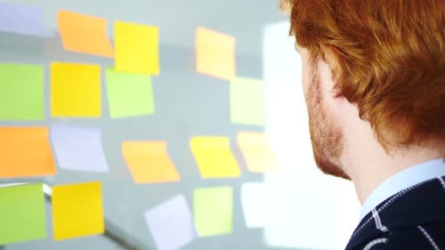 Travailler sur des notes autocollantes fixées sur du verre dans la vue arrière du bureau