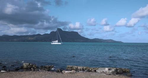 Catamaran On The Background Of Mountain Landscapes In Maheburg