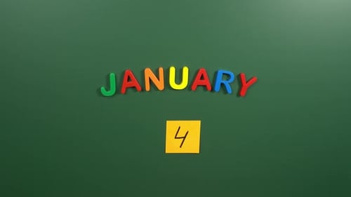Hand sticking a sticker 4 January calendar day on school board. 4 date of January. Fourth day
