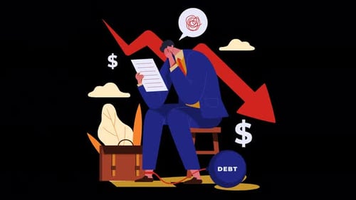 man sits worried about his debts, bankruptcy, economic crisis animation 4k on alpha channel