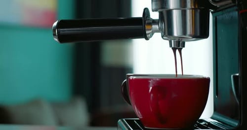 Pouring Coffee Stream From Machine in Cup Home Making Hot Espresso Using Filter Holder Flowing Fresh