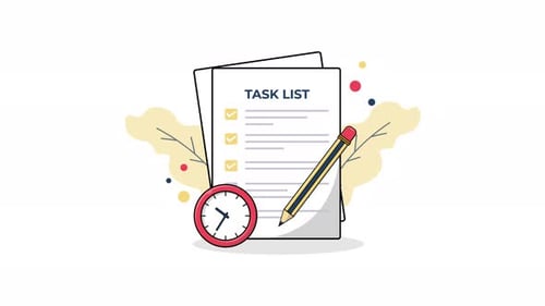 4K Task List with Clock and Pencil. Work Process Concept Animation Video