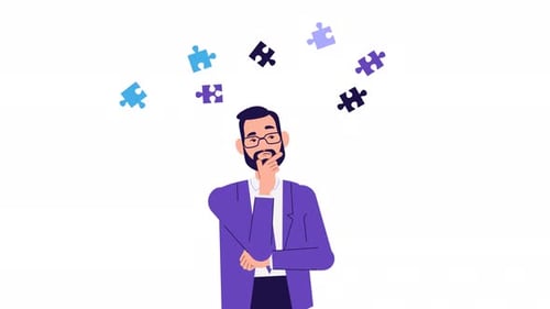 Animated Business Man Pondering with Floating Puzzle Pieces Flat Design