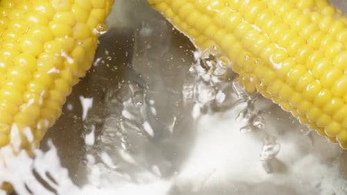 A top-down view in slow motion shows the corn boiling in a silver pot. Dolly