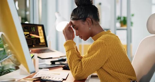 Frustrated woman, analyst and stress with computer for bad review, performance