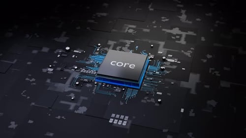 Processo de ativação da CPU: closeup da placa de circuito eletrônico preta com microchip azul