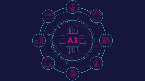 AI Chip Within a Circle of Information Technology Icons