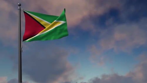 Guyana National Flag Waving in Realistic Cloudy Sky
