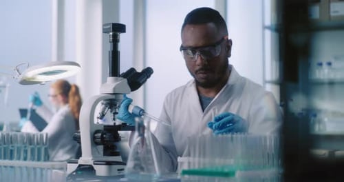 Scientist Examines Sample Under Microscope in Lab