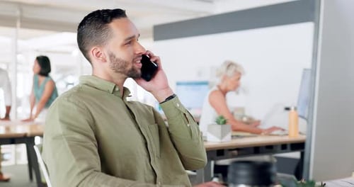 Businessman, computer and phone call in coworking office space, digital marketing company