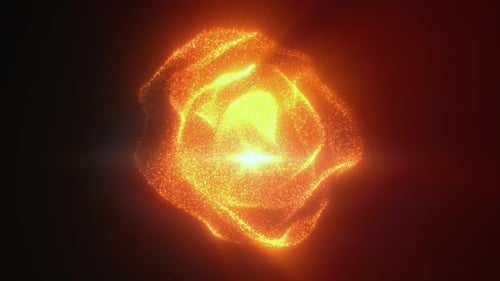 Orange particles in an abstract swirling sphere shape emitting intense light