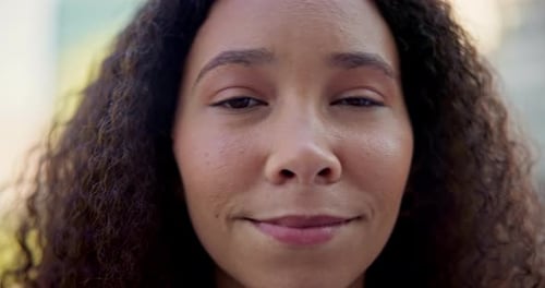 Happy, travel and face of woman in city on weekend for holiday, vacation and freedom outdoors