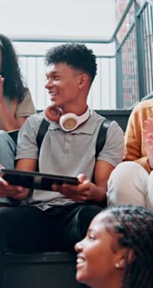 Campus, students and applause with tablet for education, academic assessment