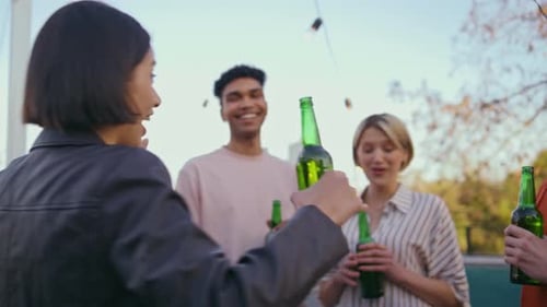 Joyful Millennials Celebrating Party Open Air Close Up Drunk Woman Holding Beer