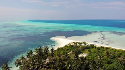 Paradise Beach On Maldivian Island. Maldives Island Aerial View. Palms And Ocean
