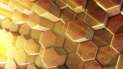 Abstract Golden Hexagon Grid Animation with Light Rays