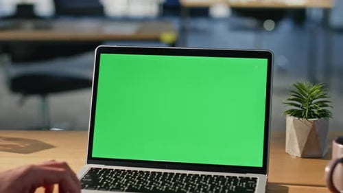 Businessman Watching Greenscreen Laptop at Office Closeup Unrecognizable Man