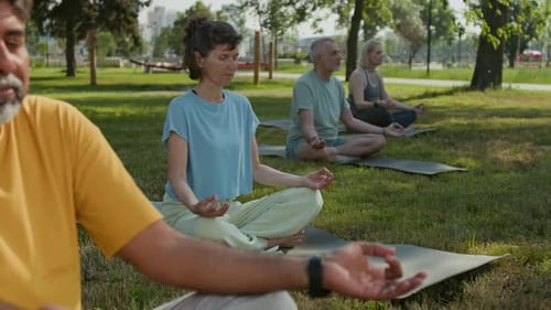 Yoga Class Outdoors in Urban Park on Sunny Day