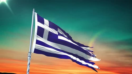 Animated Greek Flag Waving Against Sunset Sky