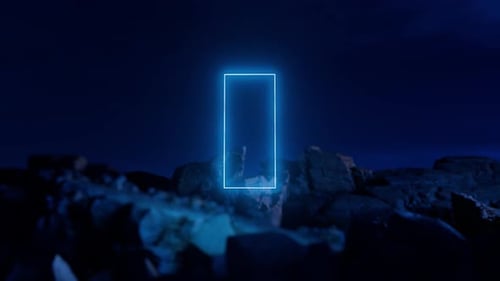 Glowing neon rectangle floating above rocks at night