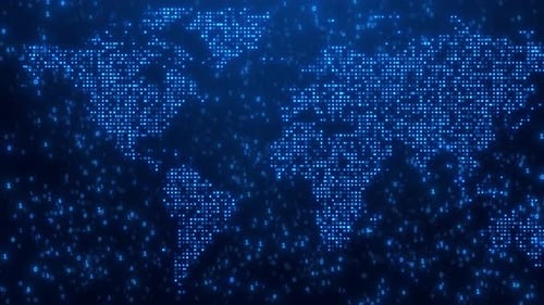 Animated Futuristic Digital World Map with Binary Code Network