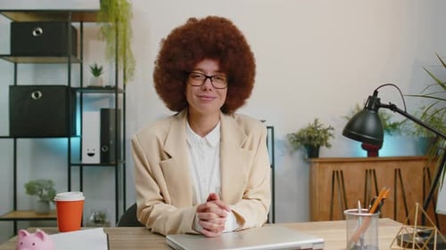 Smiling Business Woman Closing Laptop After Finishing Online Work Remote Job From Home Office