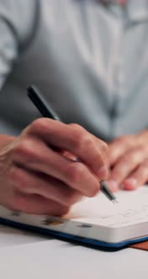 Business person, hands and writing with notebook in office for reminder