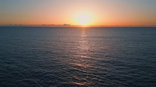 Orange Sunset Marine Horizon Landscape Drone View Sundown Reflecting Calm Water