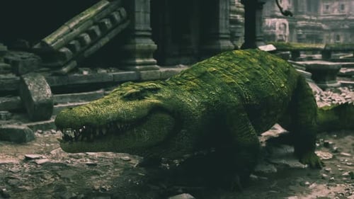 Crocodile se reposant dans des ruines envahies par la végétation au crépuscule