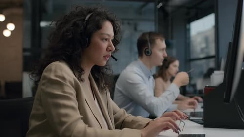 Call Center And Helpful Customer Service. Use Desktop Pc At Computer Table And Phone Line At Mode...