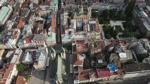 Drone view of the church located in the city center of Bosnia, a city with different religions, aeri