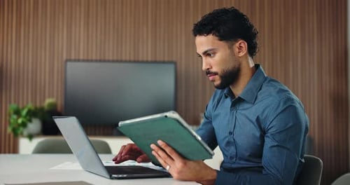 Businessman, typing and tablet in office with laptop for financial statement