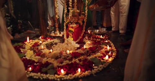 Hindu Religious Ceremony Traditions: Slow Motion of Group of People Burning Sages and G