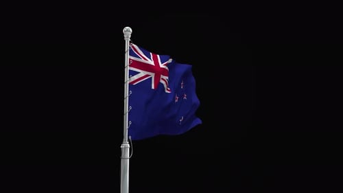 New Zealand Flag Waving On Flagpole With Alpha Channel
