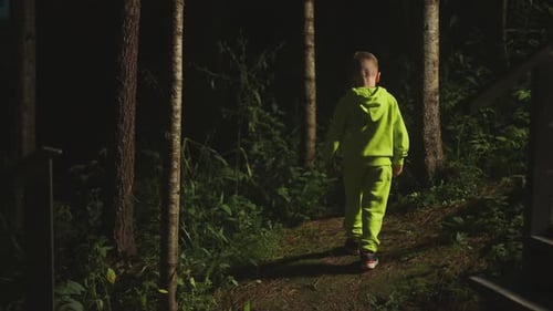Curious Little Boy in Bright Tracksuit Goes Alone Into Forest