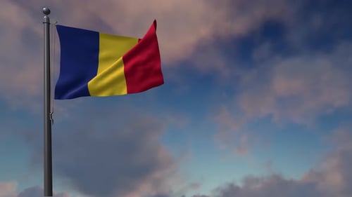 Realistic Romanian Flag Waving in 3D with Dynamic Sky Background
