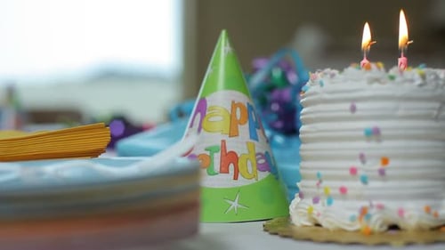 Celebratory Birthday Party Table With Cake and Decorations