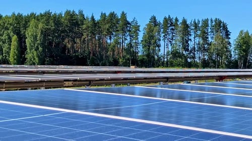 Sustainable Energy Solar Panels Installed On Farmland Field - Close Up