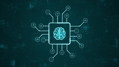 Artificial Intelligence Brain on Microchip with Connected Icons