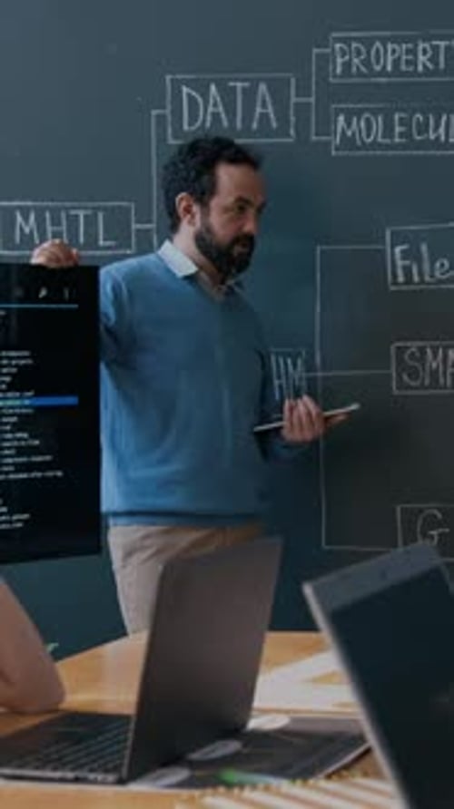 Vertical of Coding Teacher Interacting with Students by Blackboard at Lesson