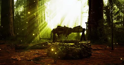 Forêt magique avec lumière rougeoyante et puits en bois rustique à l'aube