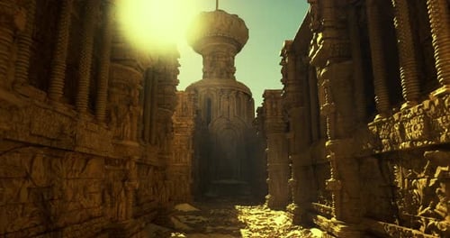 Majestic Ancient Temple Ruins with Intricate Carvings and Golden Light