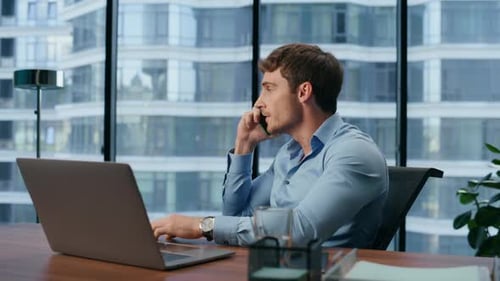 Angry Project Manager Arguing Phone Call Closeup. Furious Businessman Gesturing During Conversation